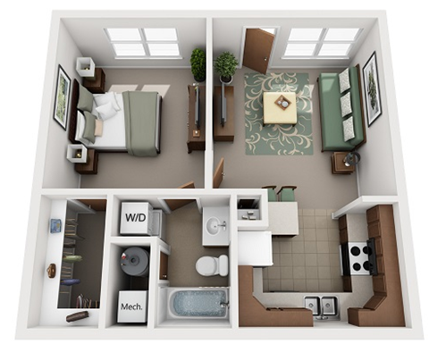 Floor plan for 1 bed, 1 bath, 650 sqft
